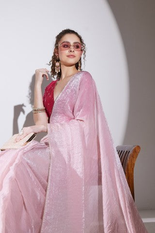 Pink Solid Organza Designer Saree