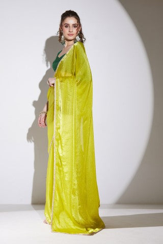 Lime Green Solid Tissue Ready to Wear Party Wear Saree