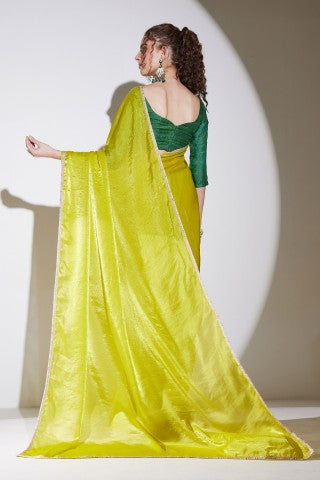 Lime Green Solid Tissue Ready to Wear Party Wear Saree