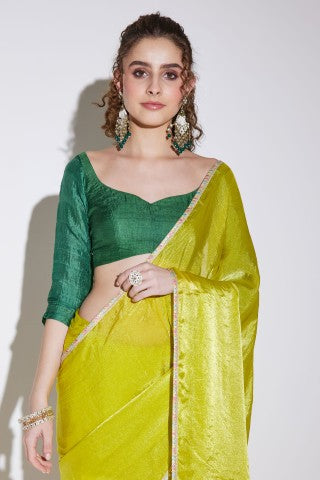 Lime Green Solid Tissue Ready to Wear Party Wear Saree