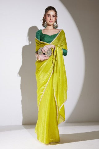 Lime Green Solid Tissue Ready to Wear Party Wear Saree