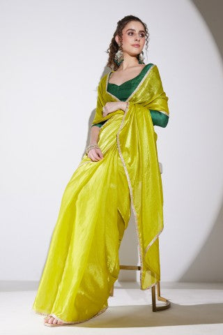 Lime Green Solid Tissue Ready to Wear Party Wear Saree