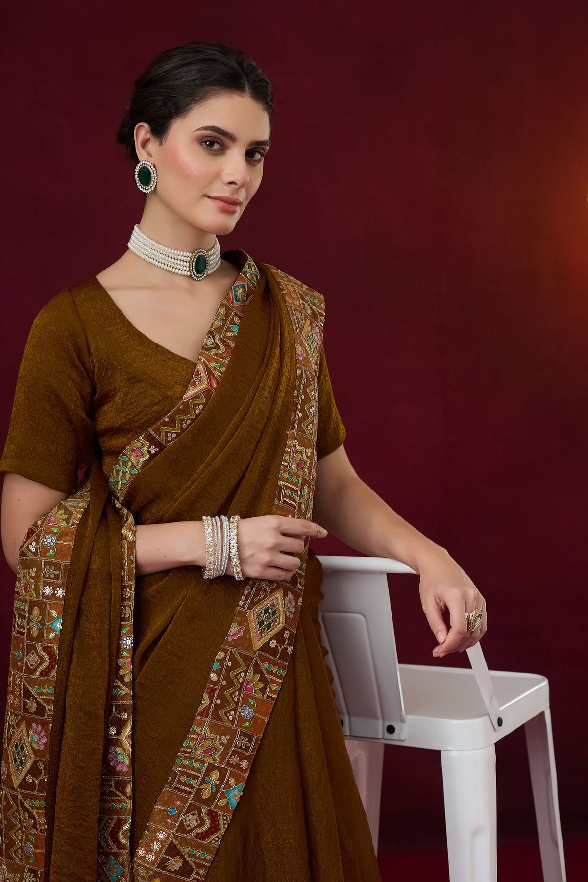 Brown Color Solid Printed Silk Blend Party Wear Saree