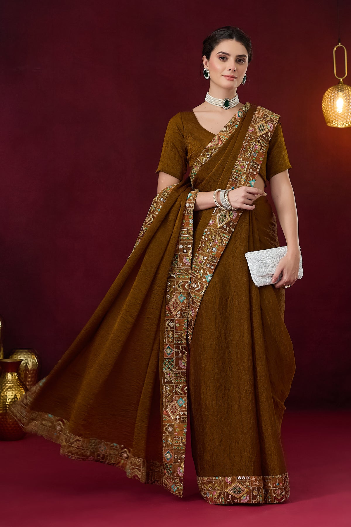 Brown Color Solid Printed Silk Blend Party Wear Saree