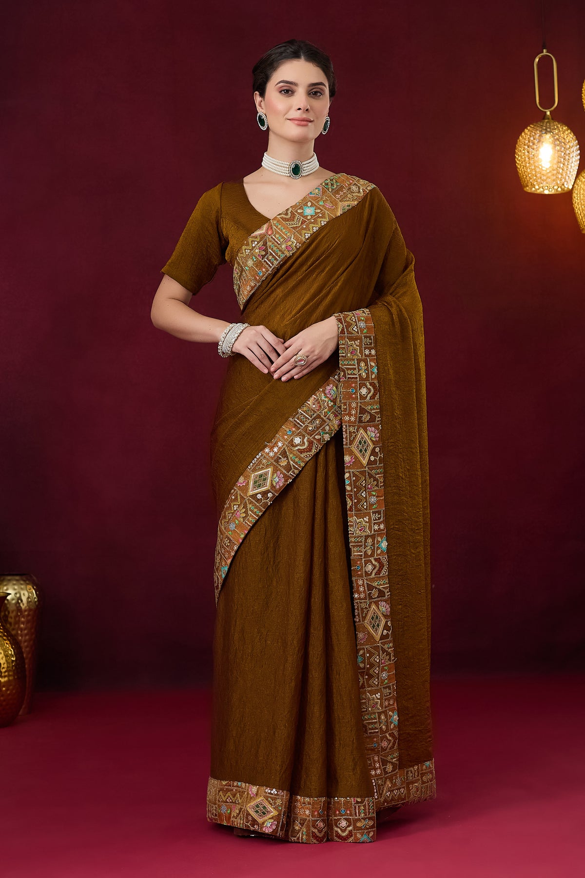 Brown Color Solid Printed Silk Blend Party Wear Saree