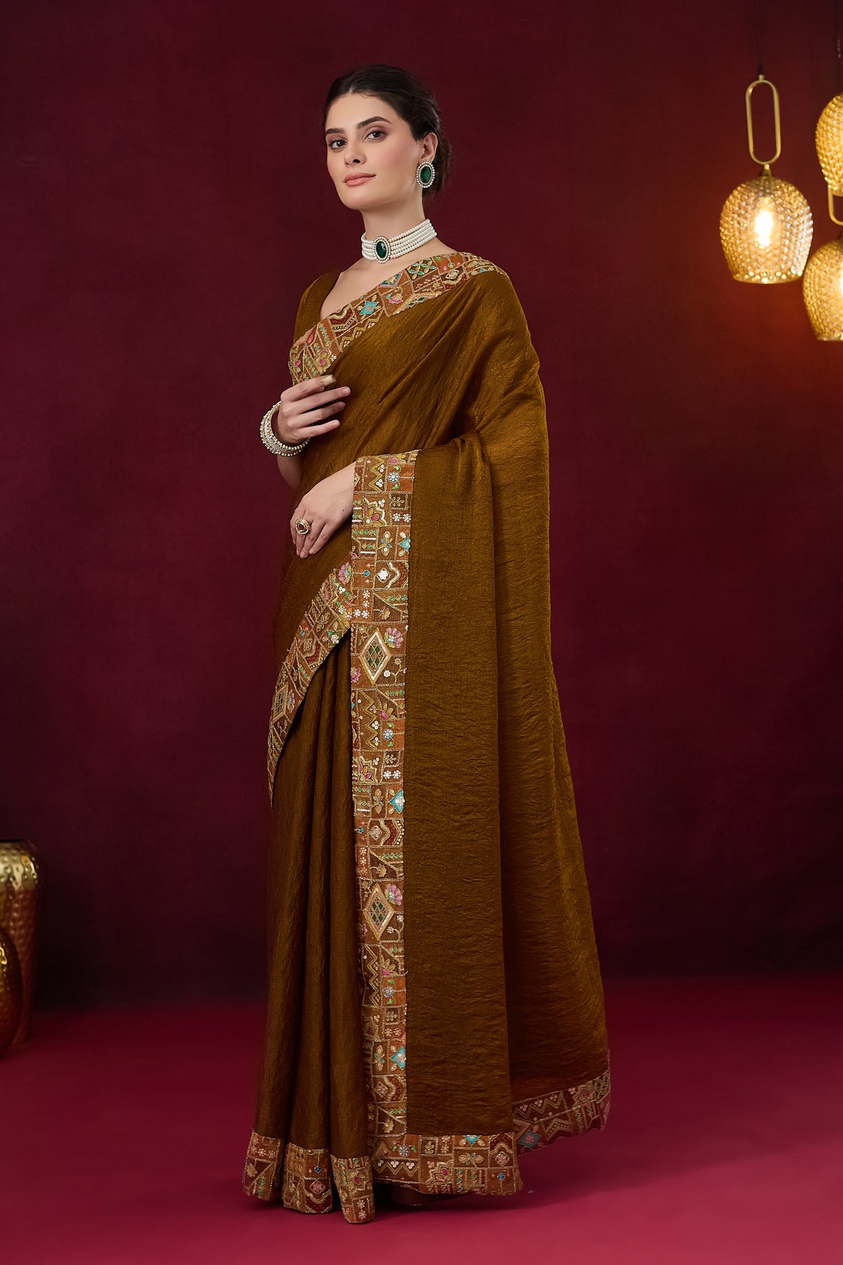 Brown Color Solid Printed Silk Blend Party Wear Saree