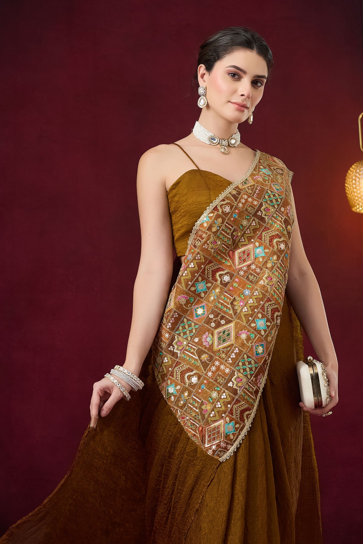 Brown Geometric Embroidered Art Silk Ready to Wear Saree