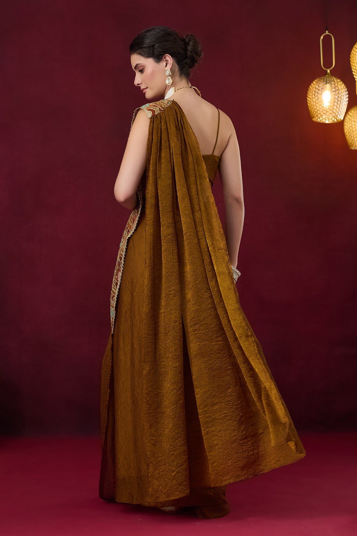 Brown Geometric Embroidered Art Silk Ready to Wear Saree