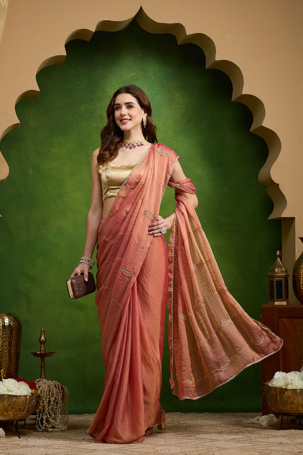 Peach Color Ethnic Motifs Organza Party Wear Saree