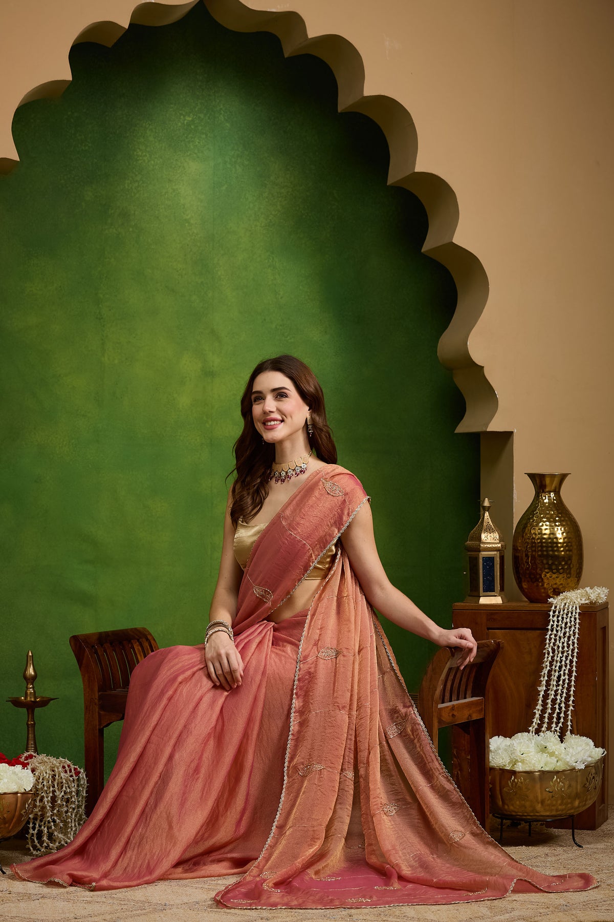 Peach Color Ethnic Motifs Organza Party Wear Saree
