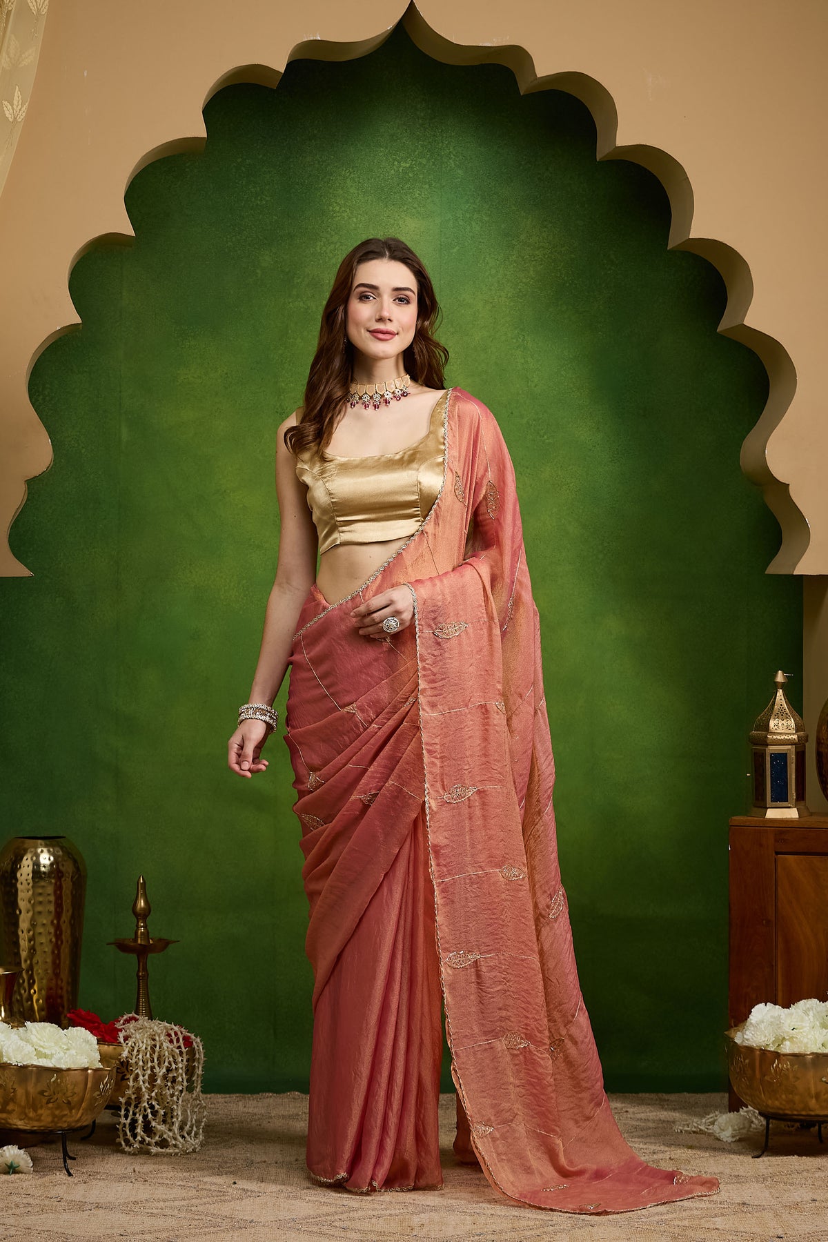 Peach Color Ethnic Motifs Organza Party Wear Saree
