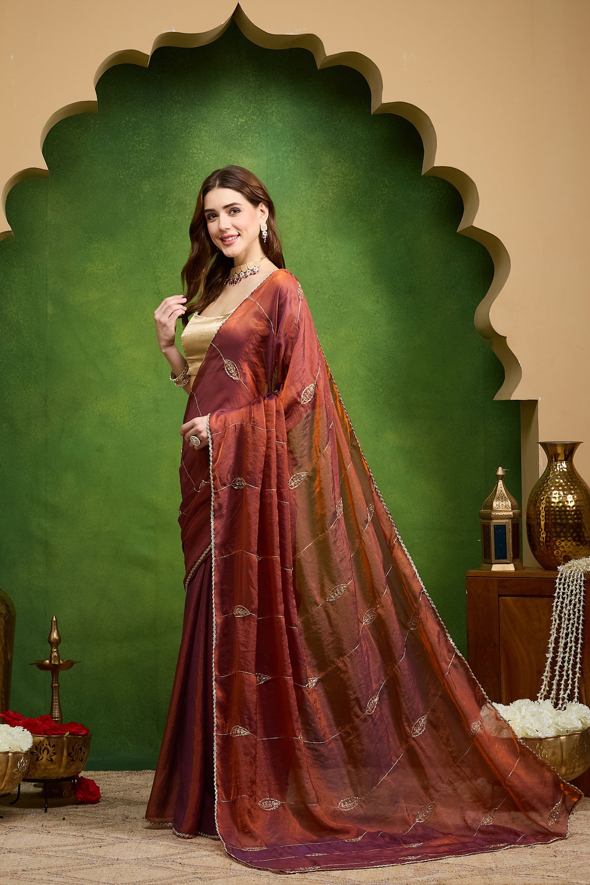 Purple Ethnic Motifs Two-Tone Organza Party Wear Saree