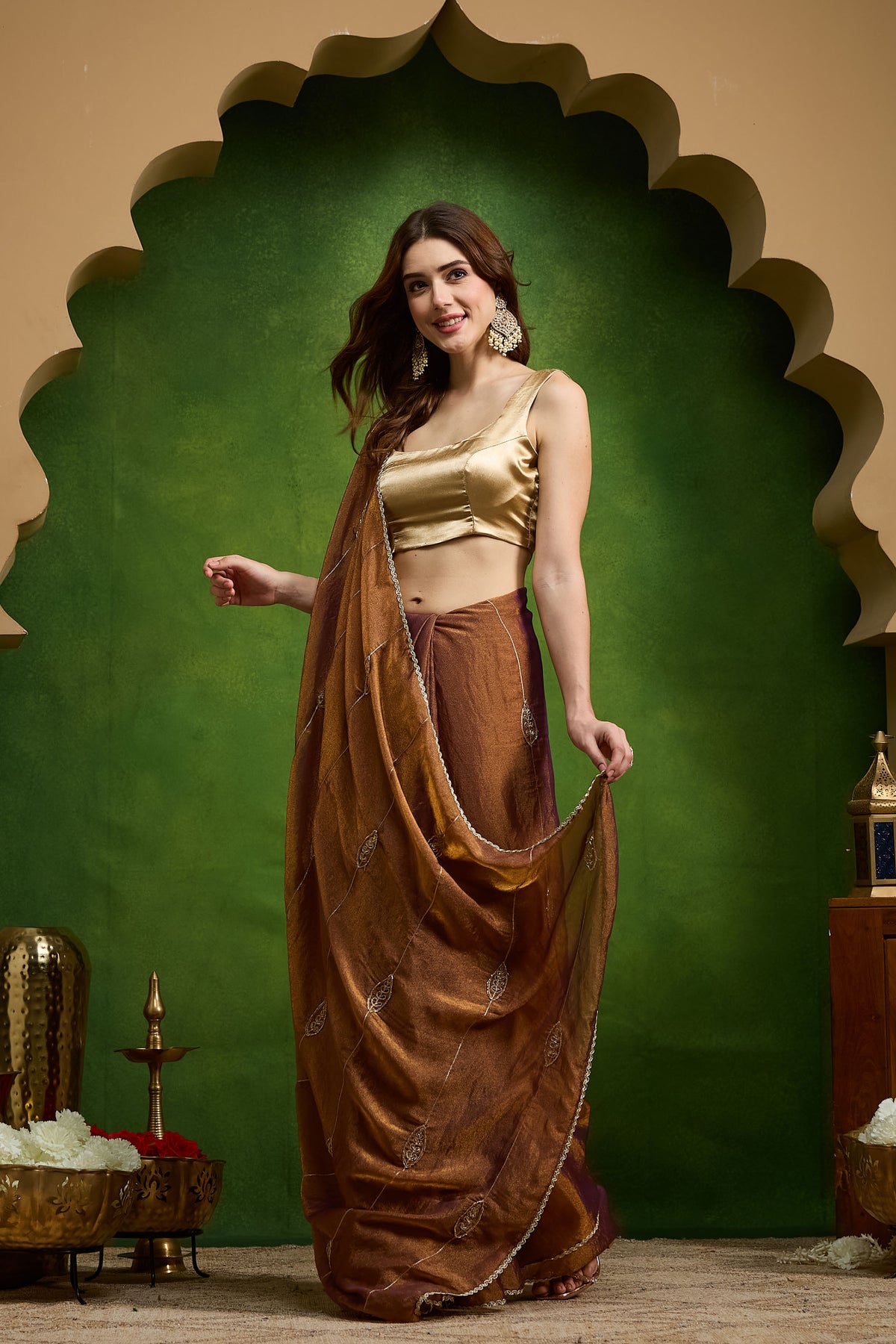 Brown Ethnic Motifs Printed Organza Party Wear Saree
