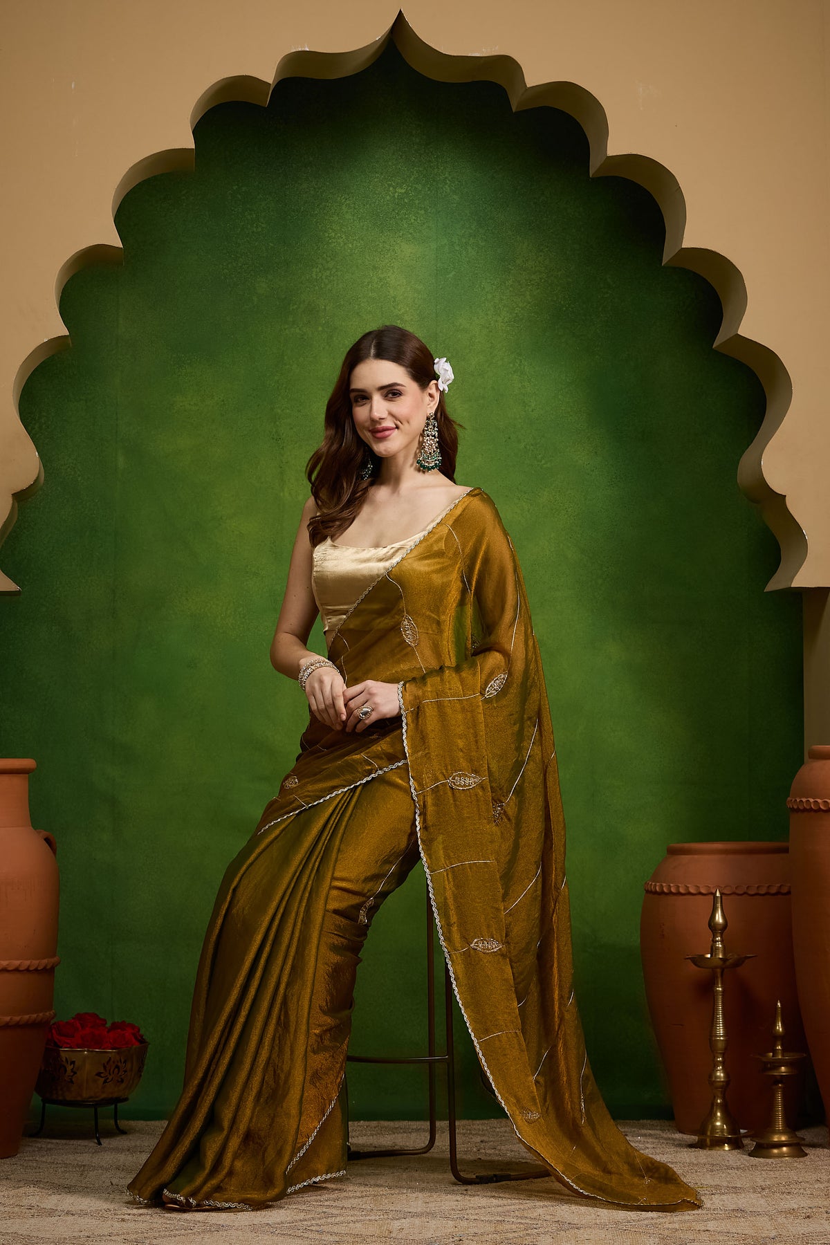 Gold Ethnic Motifs Embroidered Organza Party Saree