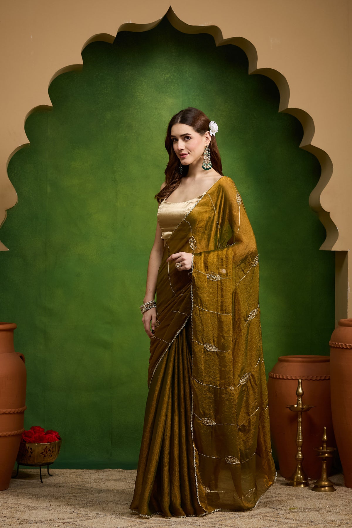 Gold Ethnic Motifs Embroidered Organza Party Saree