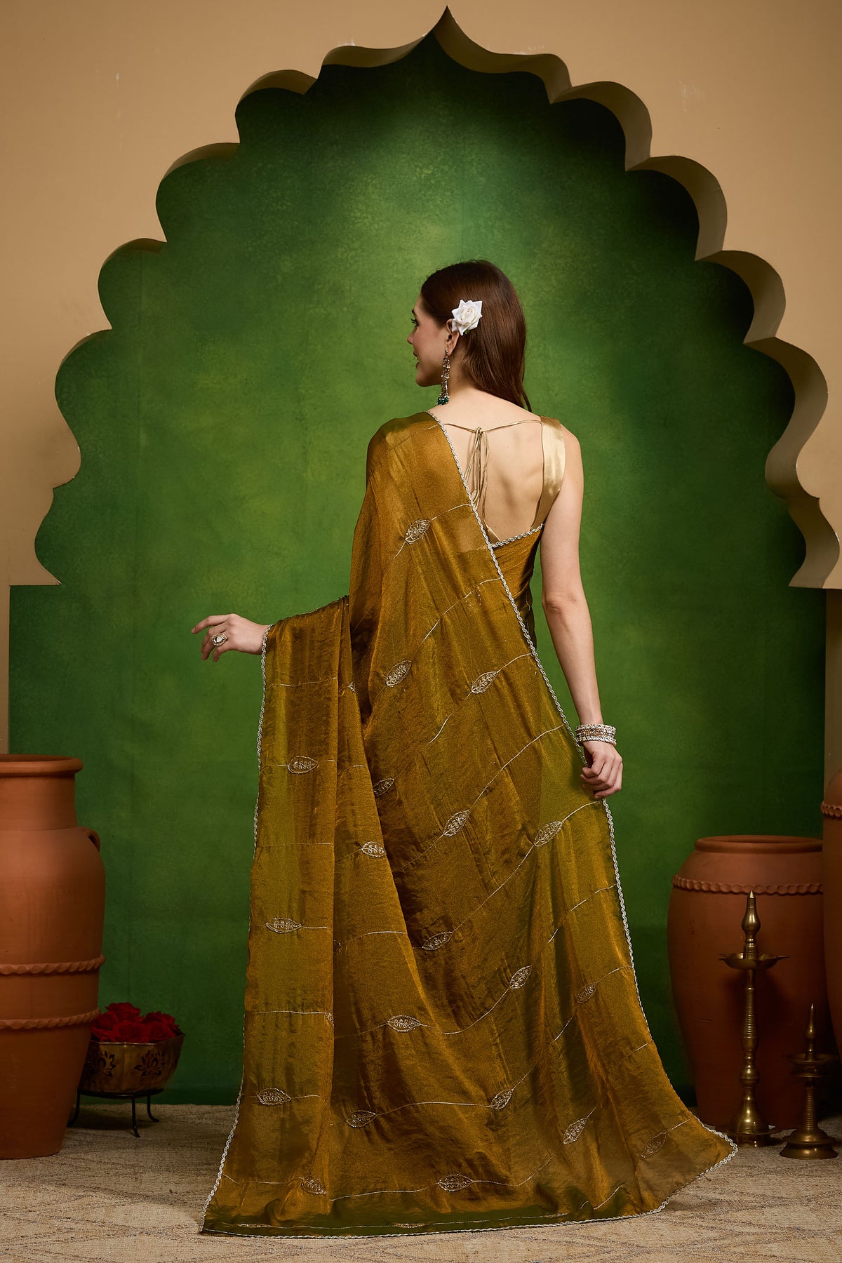 Gold Ethnic Motifs Embroidered Organza Party Saree
