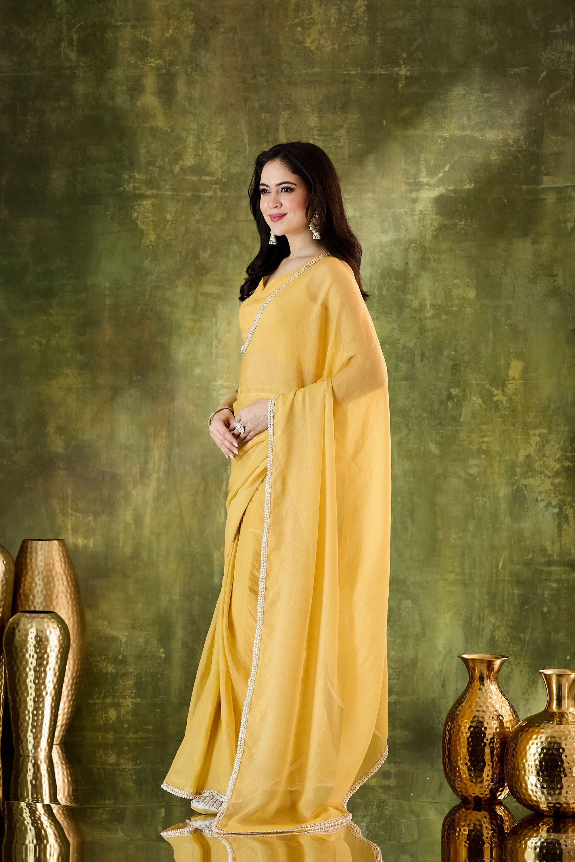 Yellow Designer Silk Blend Ready To Wear Saree