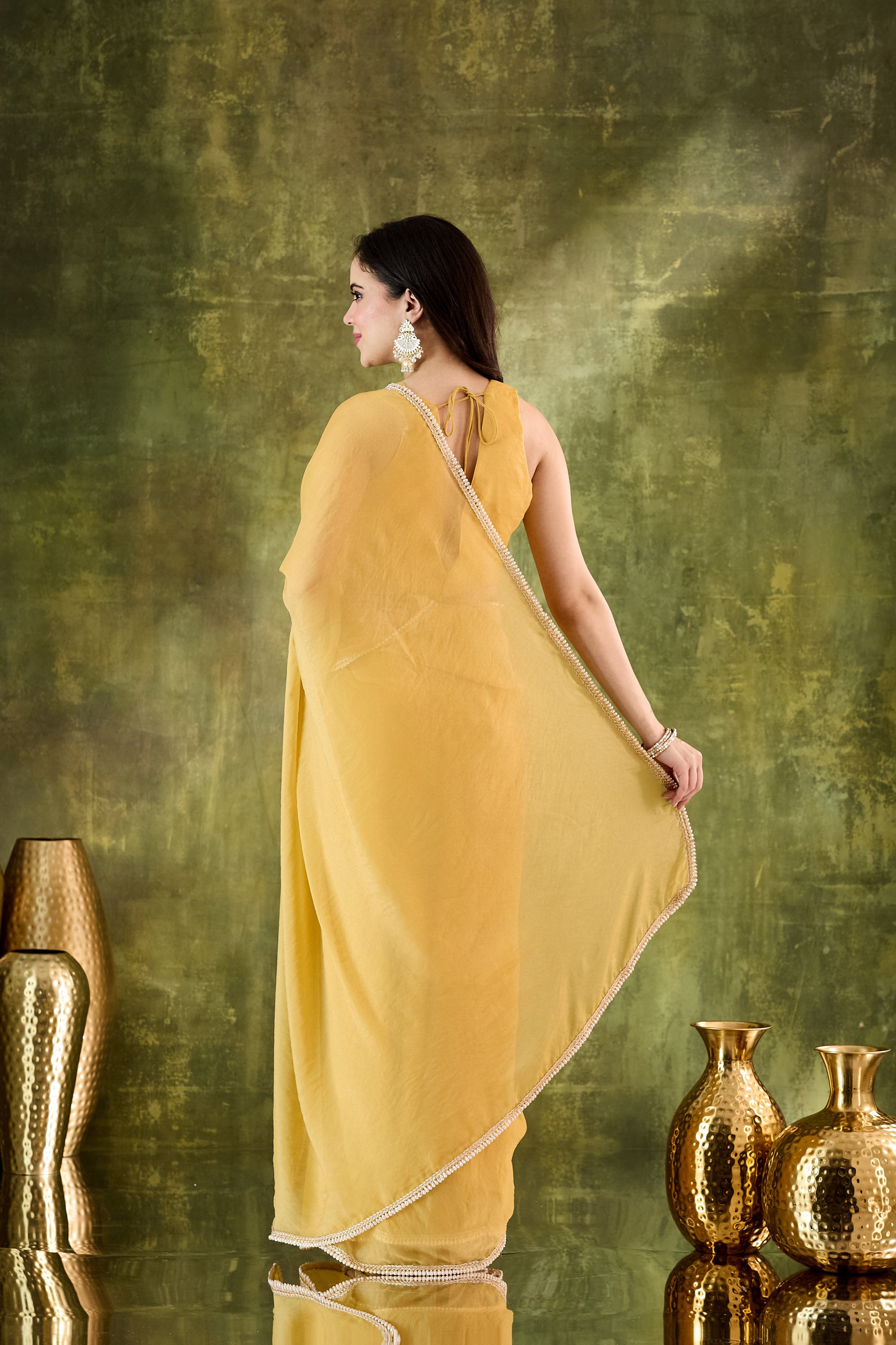Yellow Designer Silk Blend Ready To Wear Saree