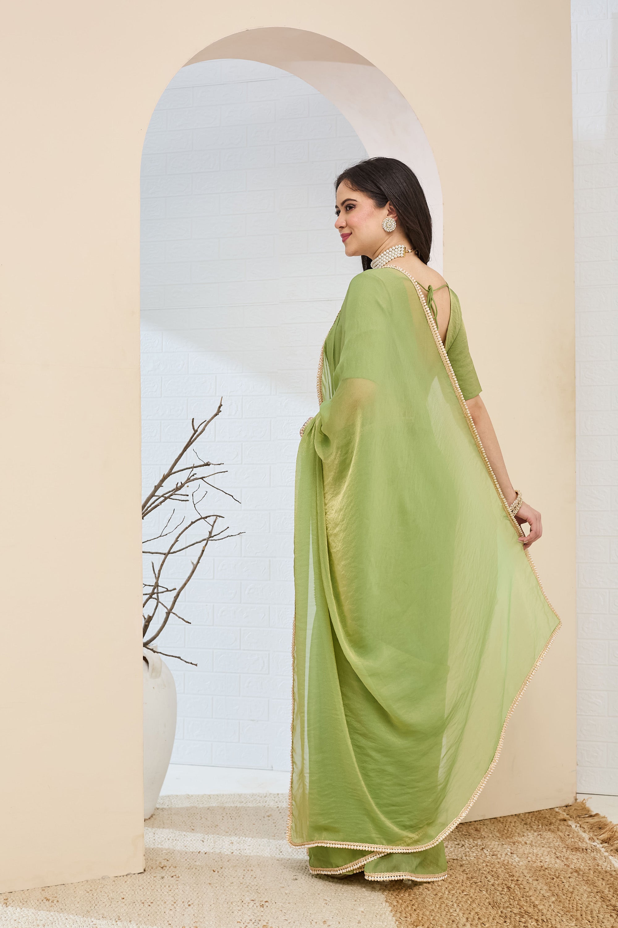 Lime Green Designer Silk Blend Ready To Wear Saree