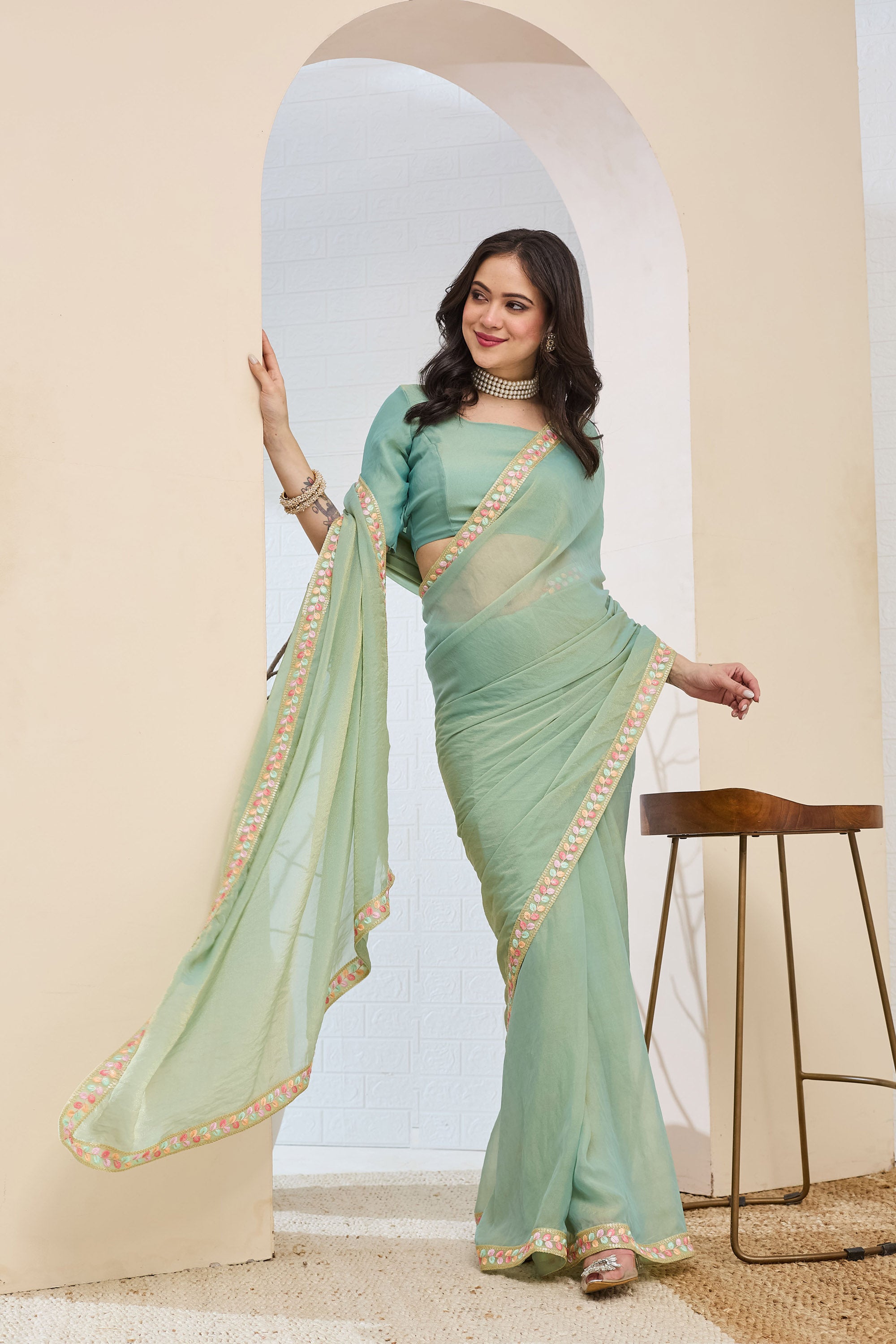 Sea Blue Designer Silk Blend Ready To Wear Saree