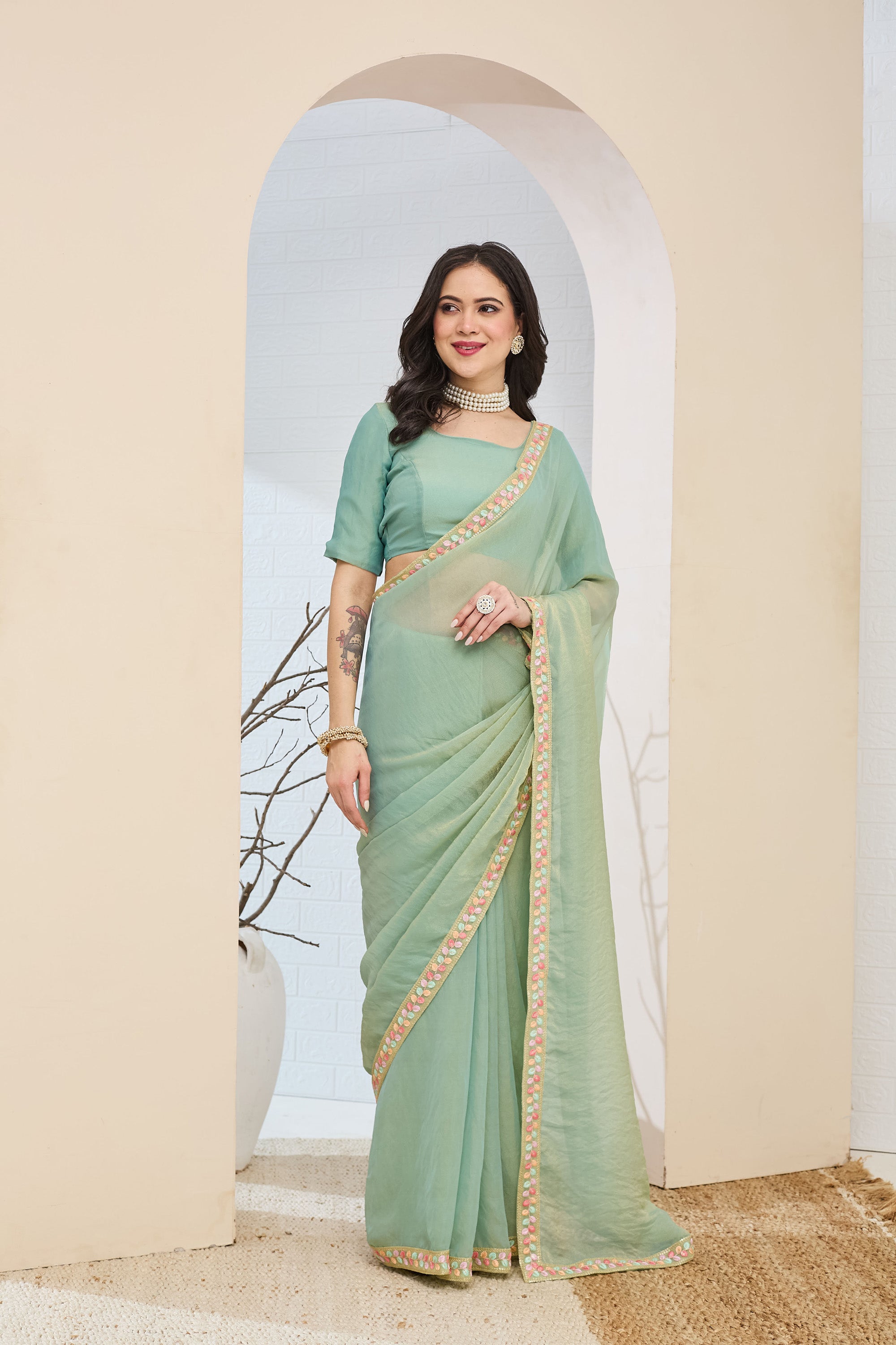 Sea Blue Designer Silk Blend Ready To Wear Saree
