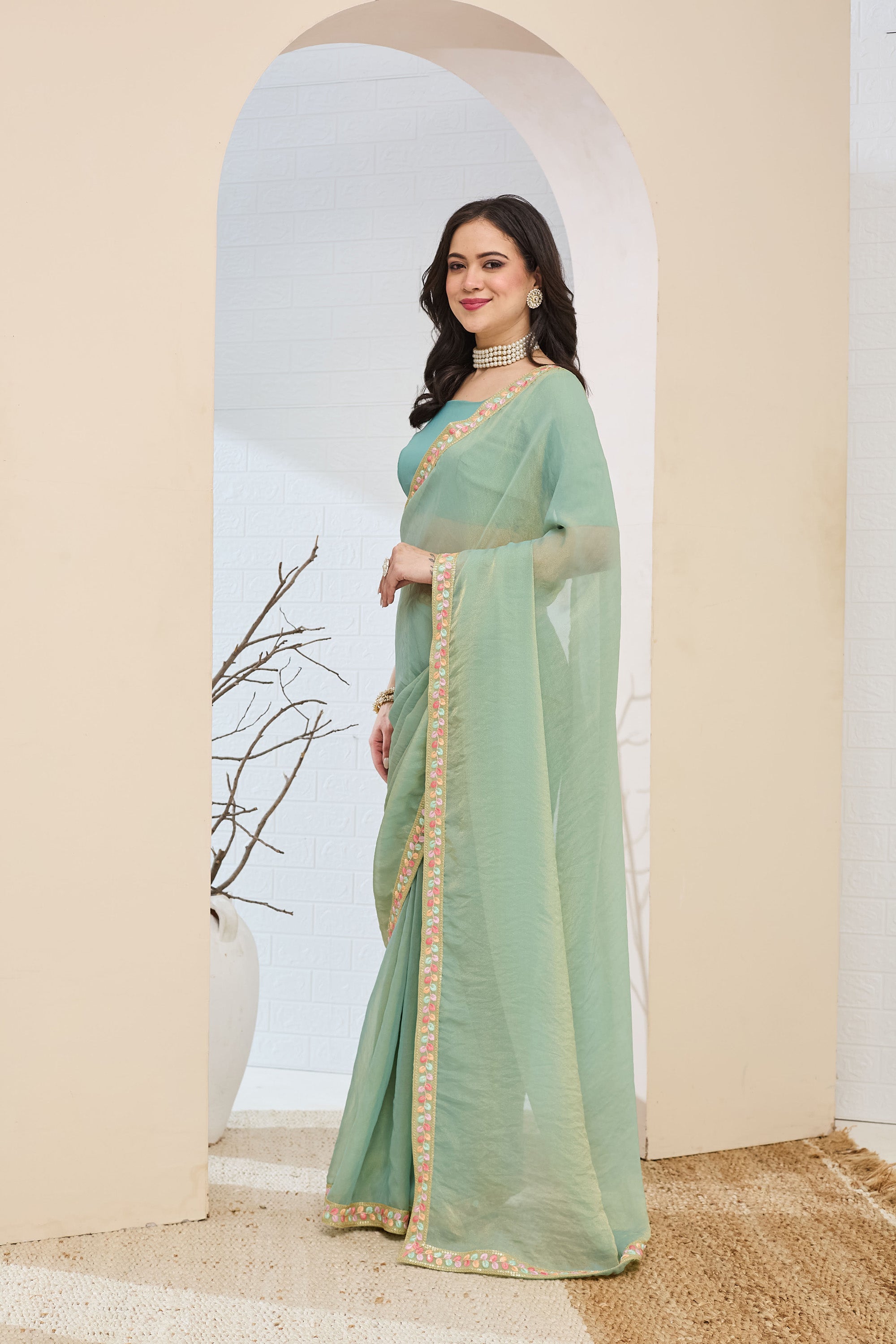 Sea Blue Designer Silk Blend Ready To Wear Saree