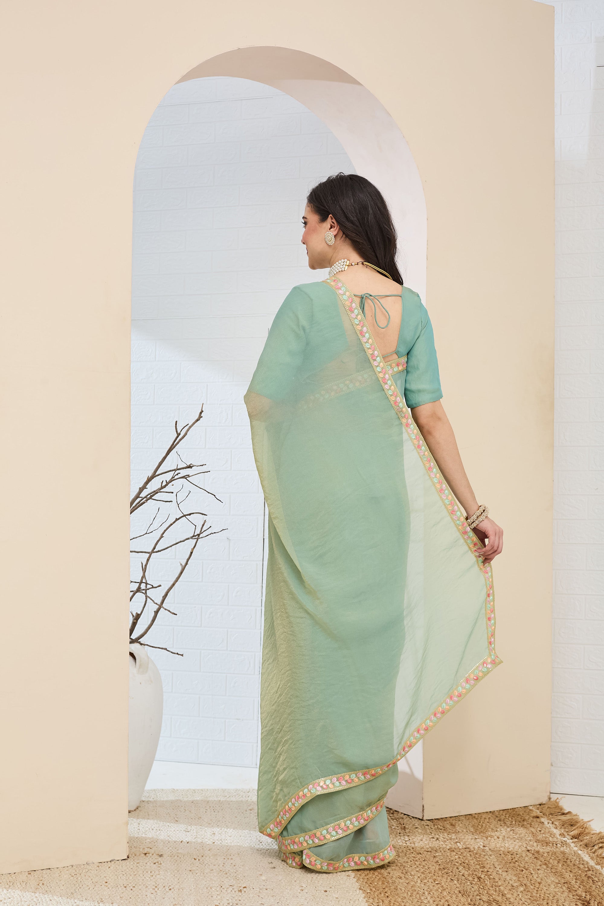 Sea Blue Designer Silk Blend Ready To Wear Saree