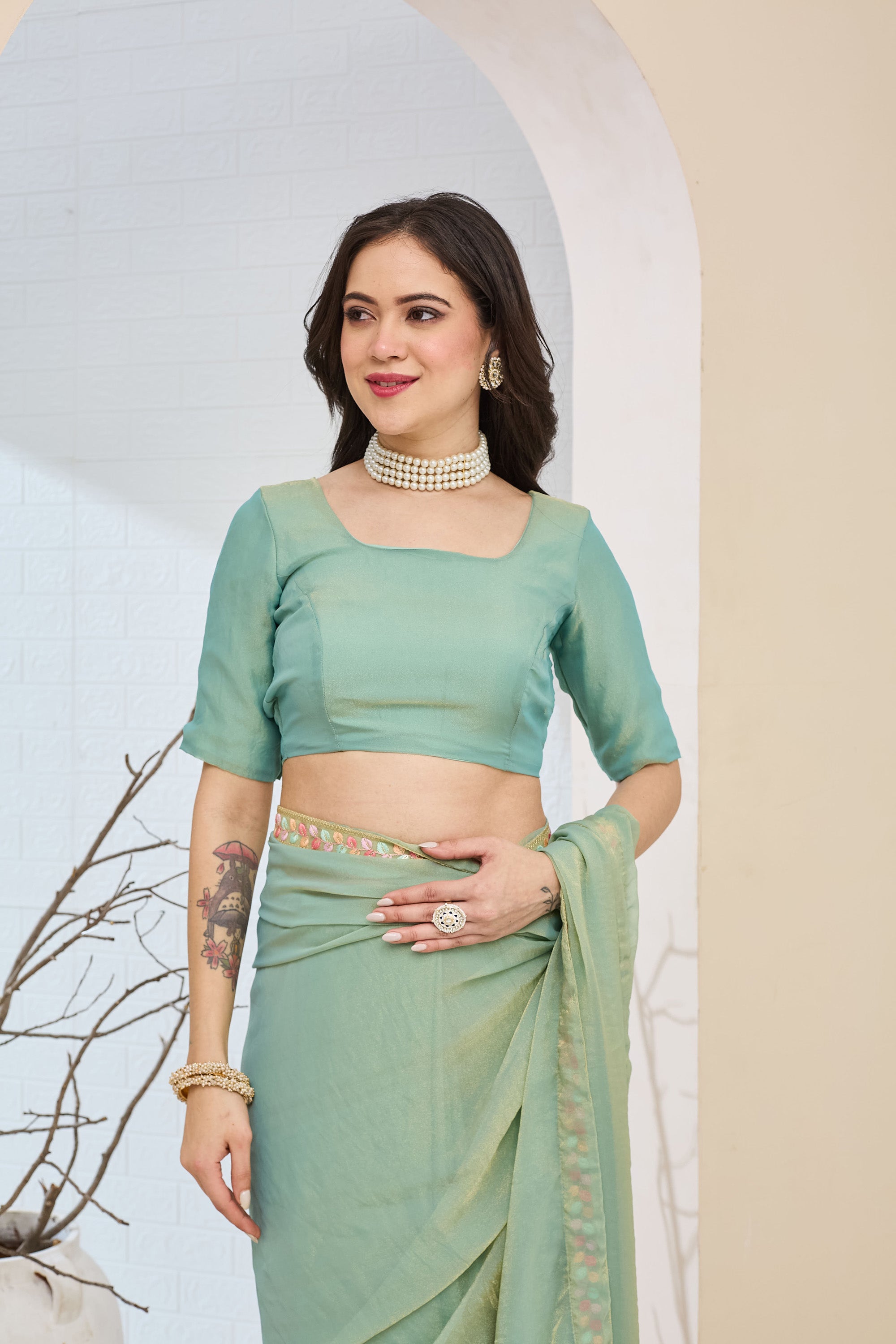 Sea Blue Designer Silk Blend Ready To Wear Saree