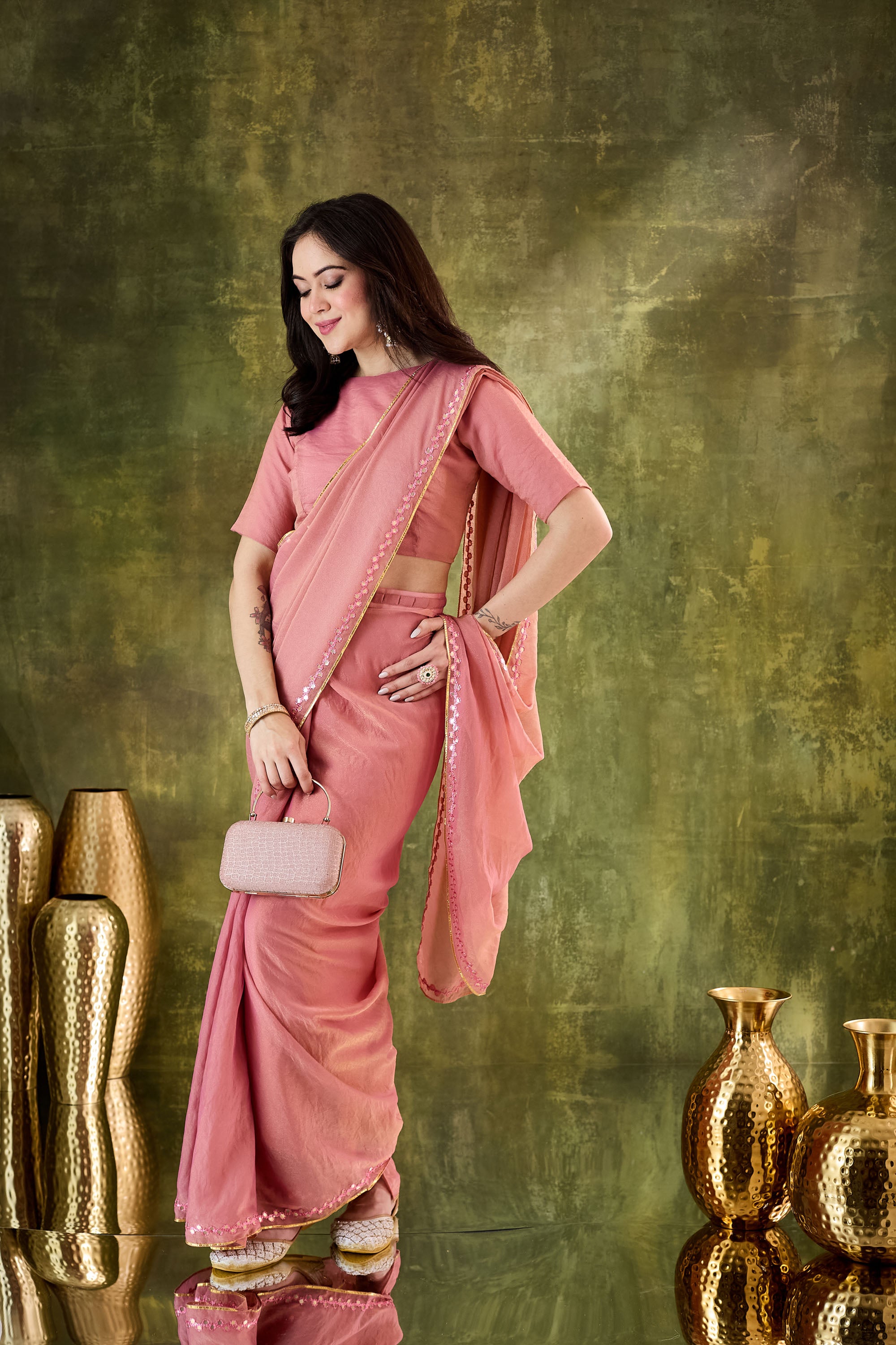Peach Color Designer Silk Blend Ready To Wear Saree