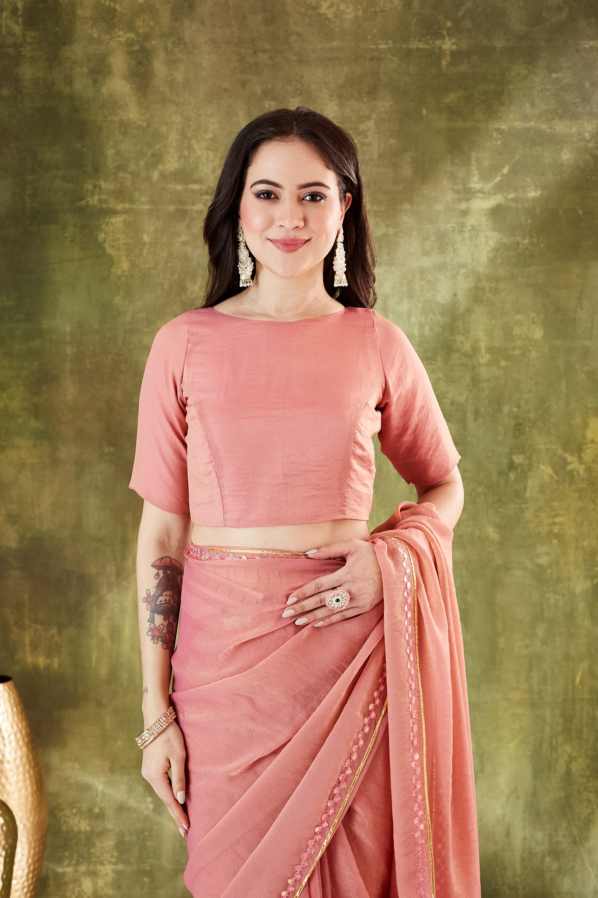 Peach Color Designer Silk Blend Ready To Wear Saree