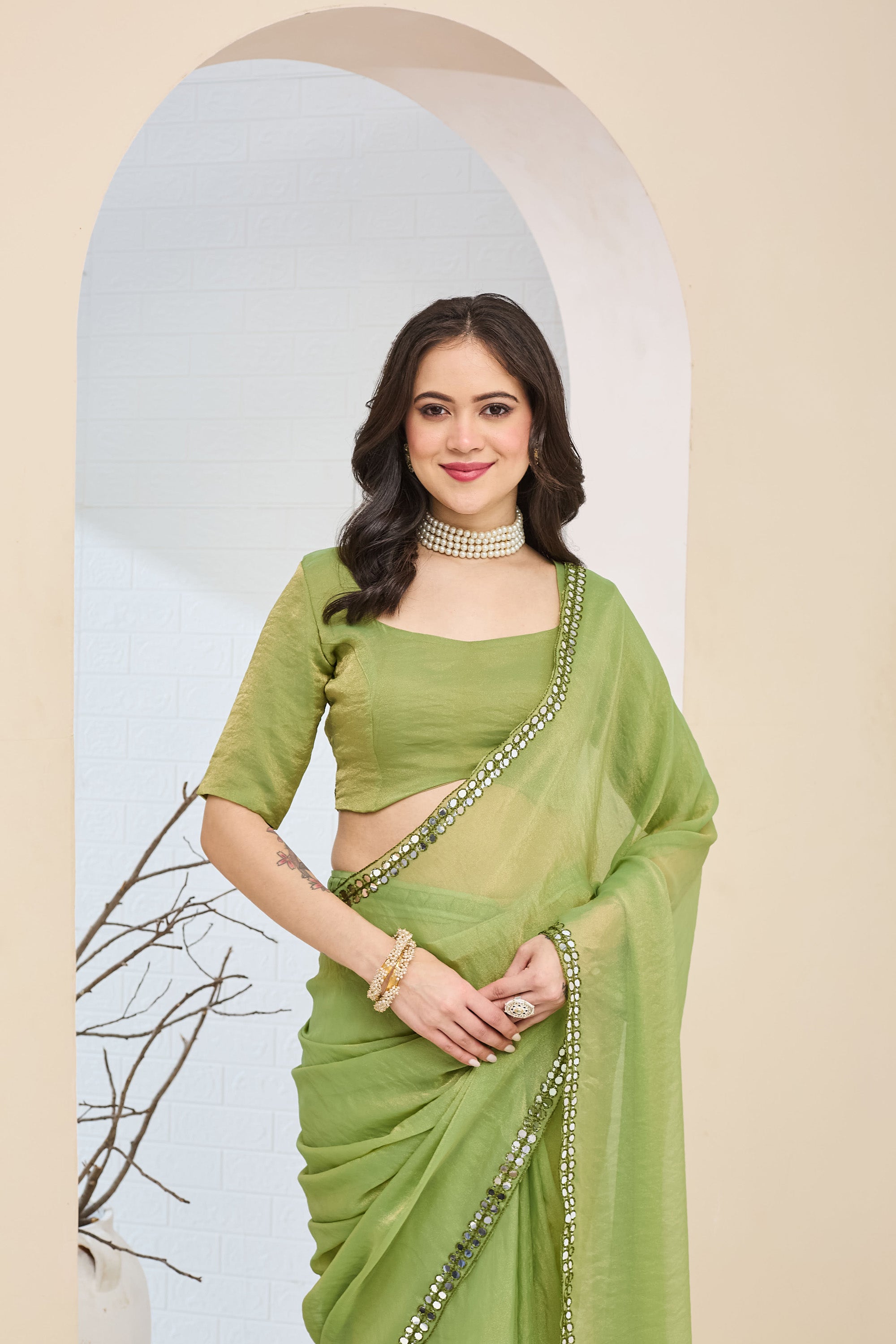 Lime Green Designer Silk Blend Mirror Work Ready To Wear Saree