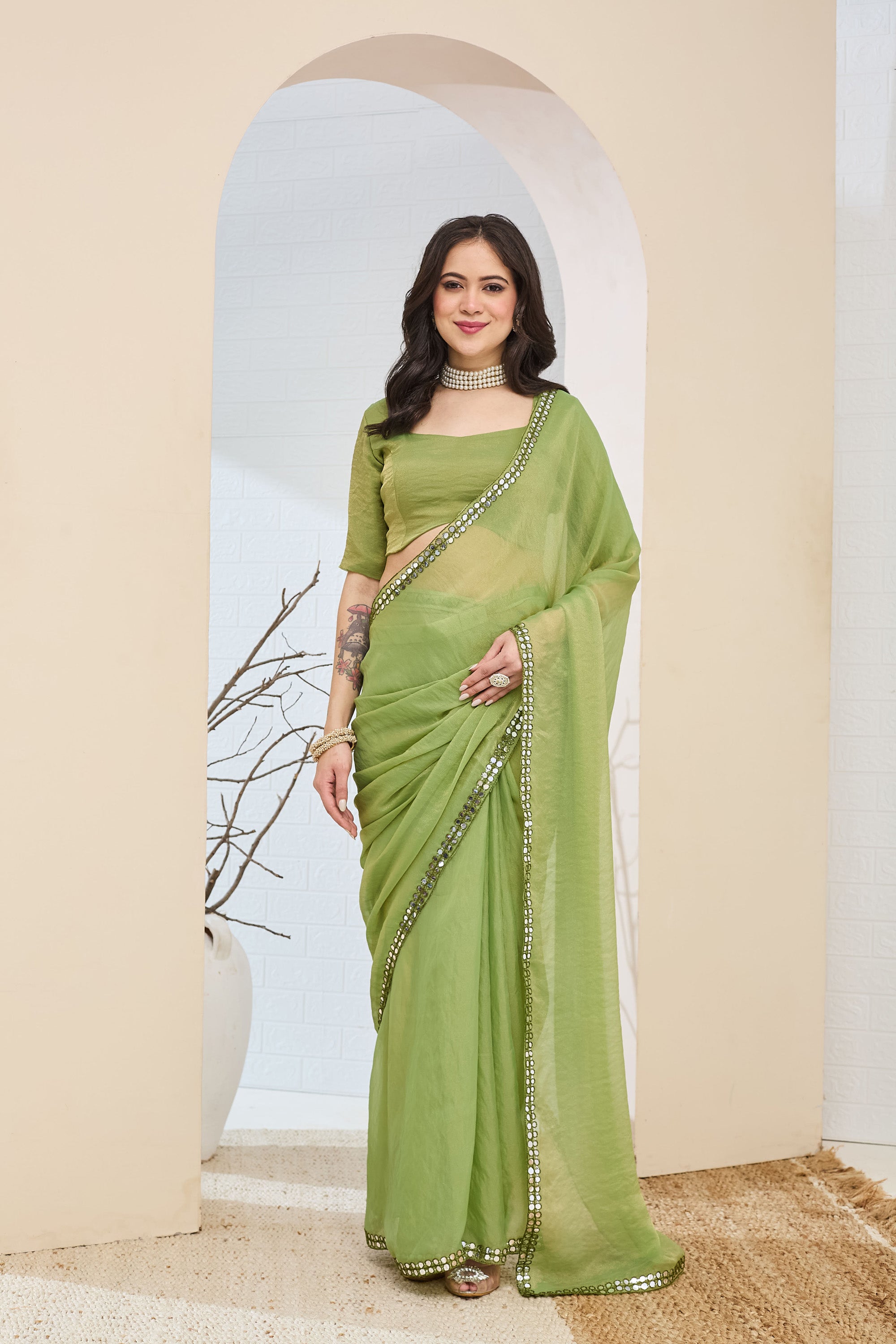 Lime Green Designer Silk Blend Mirror Work Ready To Wear Saree
