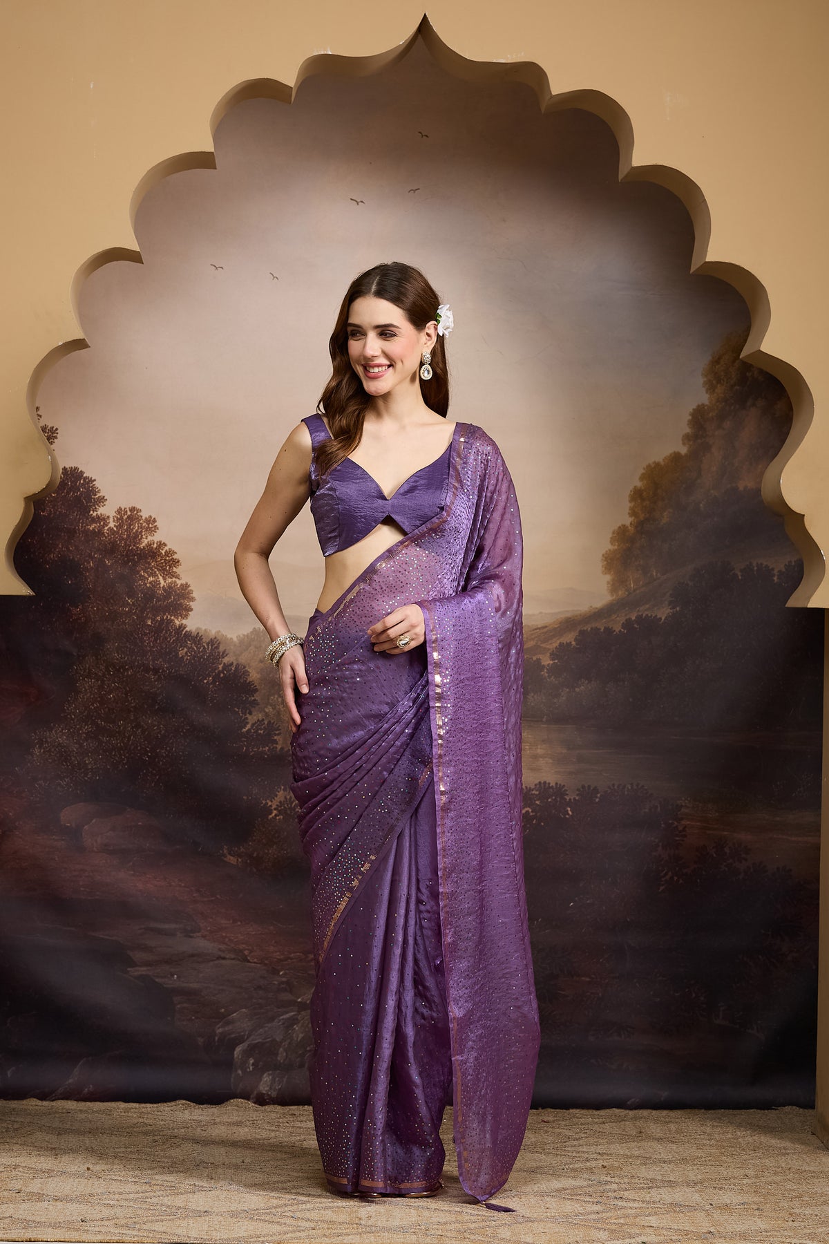 Purple Solid Dyed Satin Ready to Wear Saree