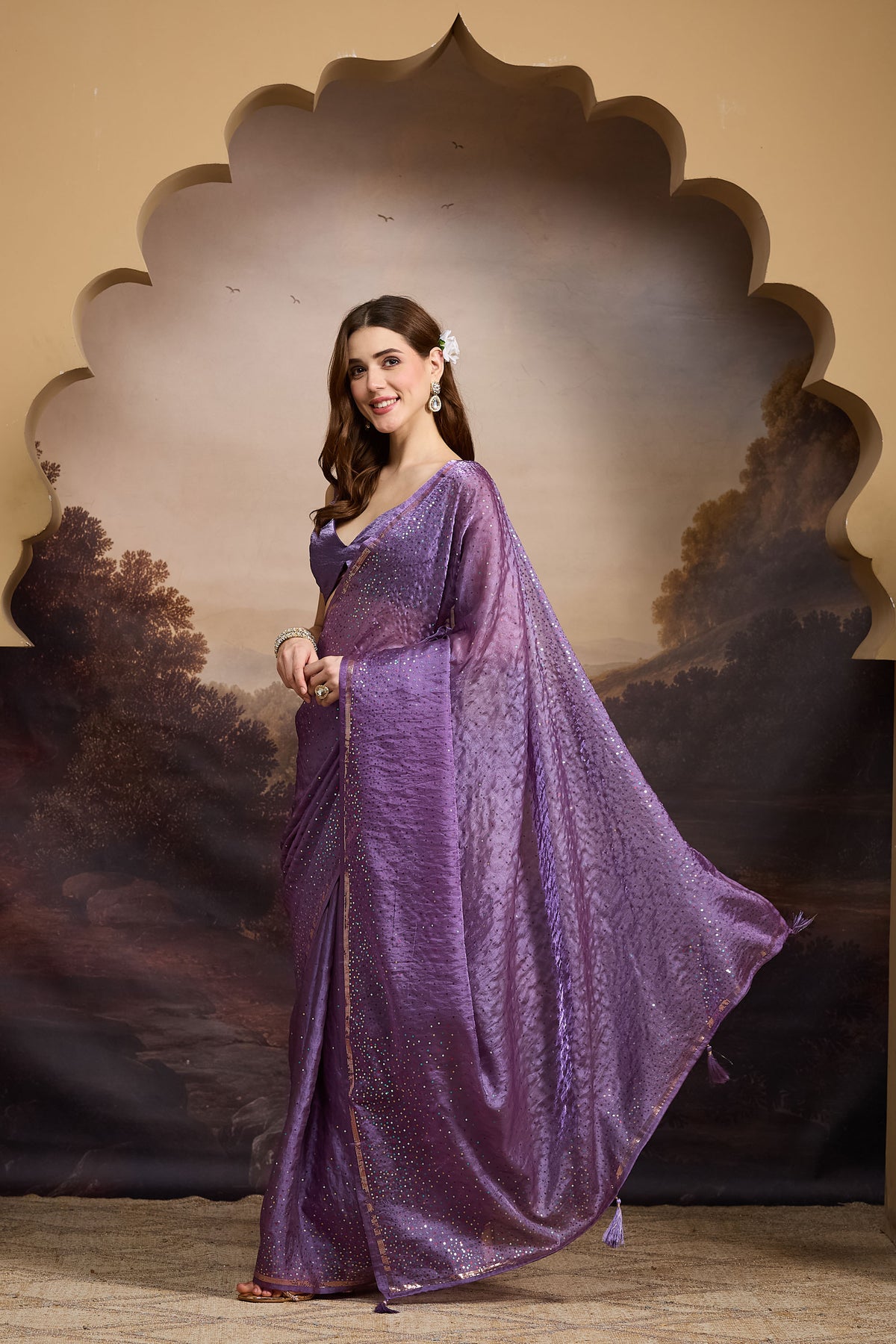 Purple Solid Dyed Satin Ready to Wear Saree