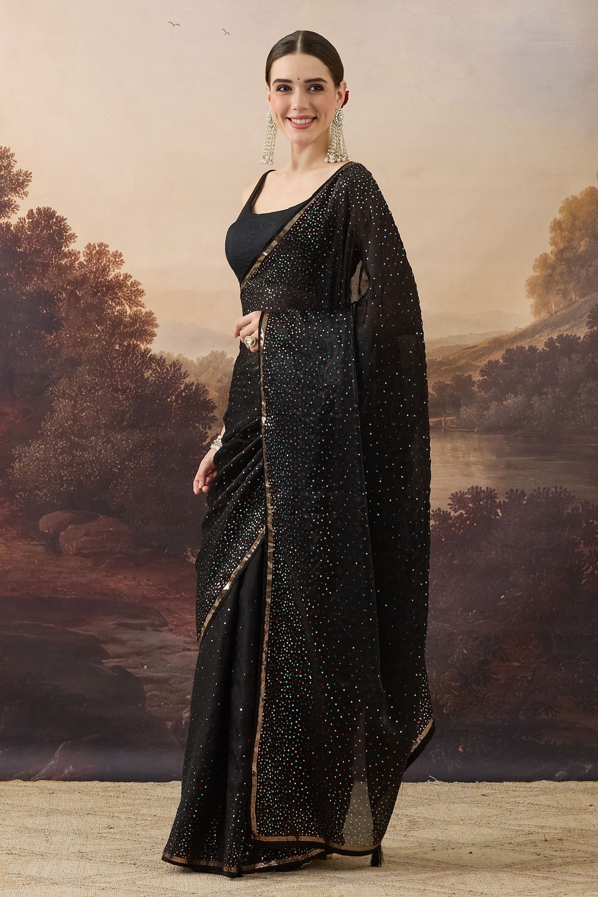Black Multi-Colour Sequin Satin Ready to Wear Saree