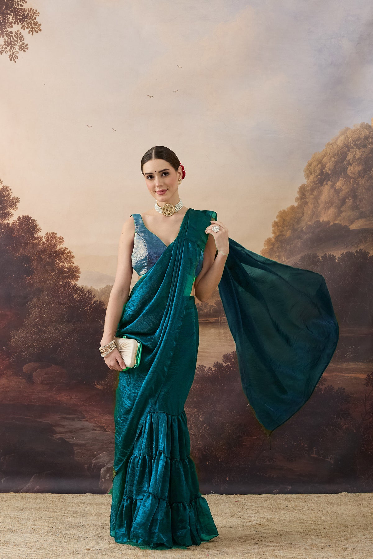 Teal Color Solid Organza Ready to Wear Saree