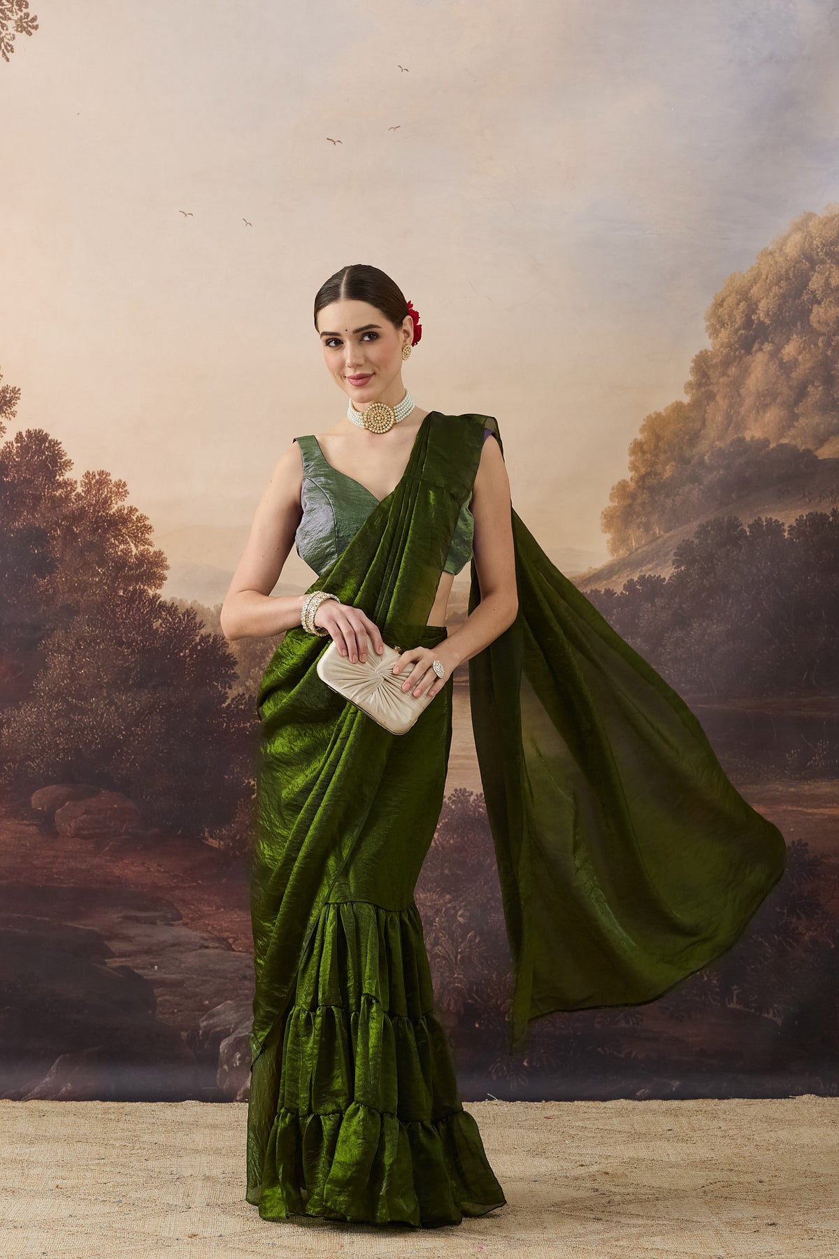 Mehendi Color Solid Organza Ready to Wear Saree
