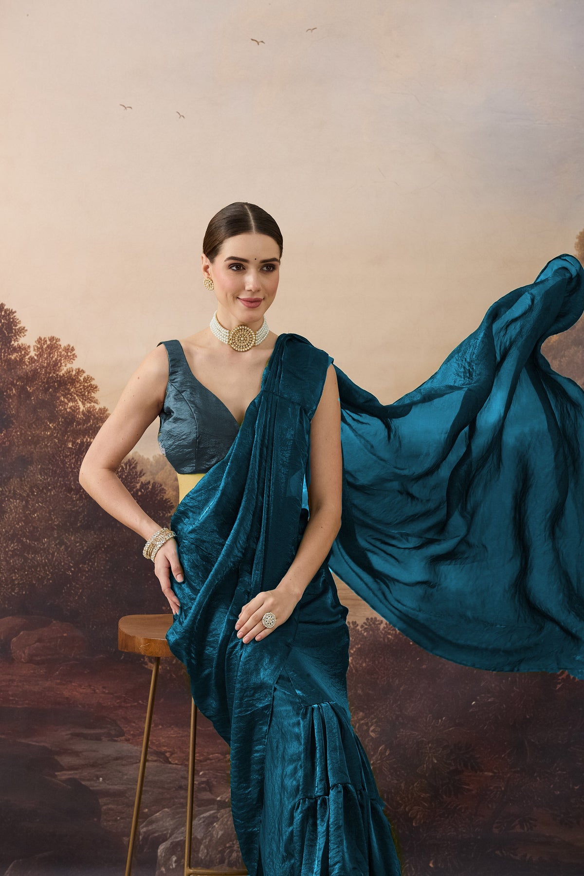 Teal Color Solid Organza Ready to Wear Saree
