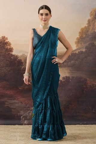 Teal Color Solid Organza Ready to Wear Saree