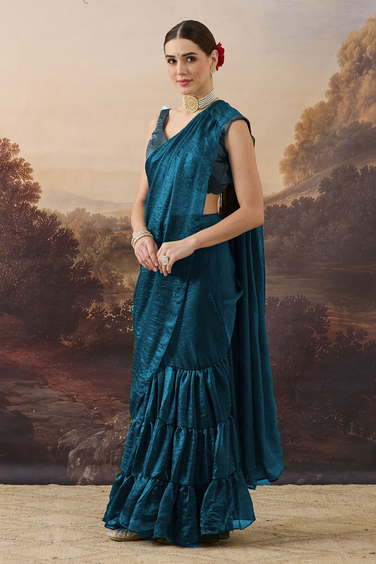 Teal Color Solid Organza Ready to Wear Saree