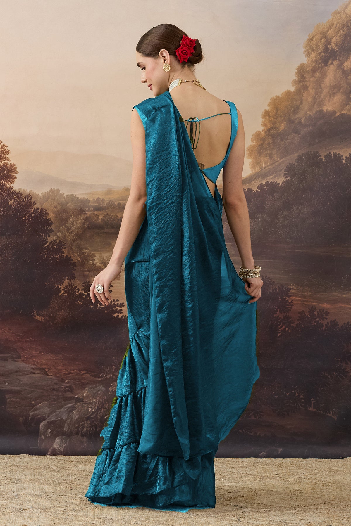 Teal Color Solid Organza Ready to Wear Saree