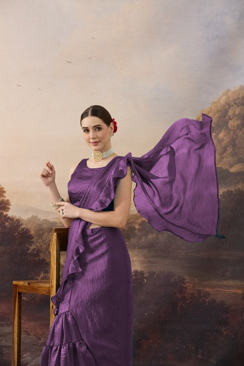Purple Green Solid Organza Ready to Wear Saree