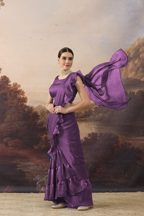 Purple Green Solid Organza Ready to Wear Saree