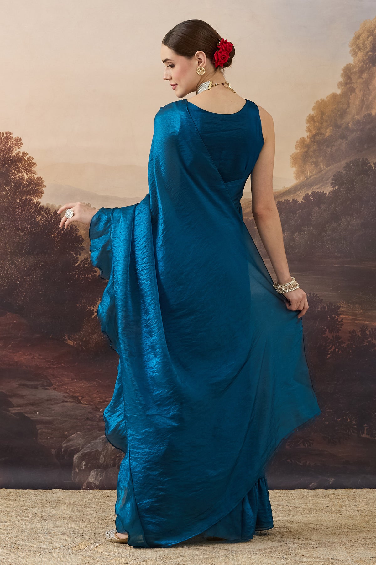 Teal Green Solid Organza Ready to Wear Saree
