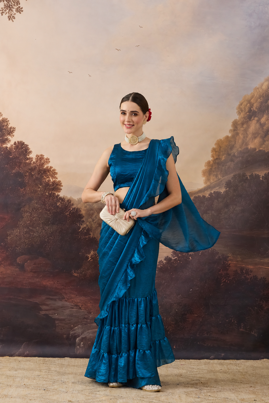 Teal Green Solid Organza Ready to Wear Saree