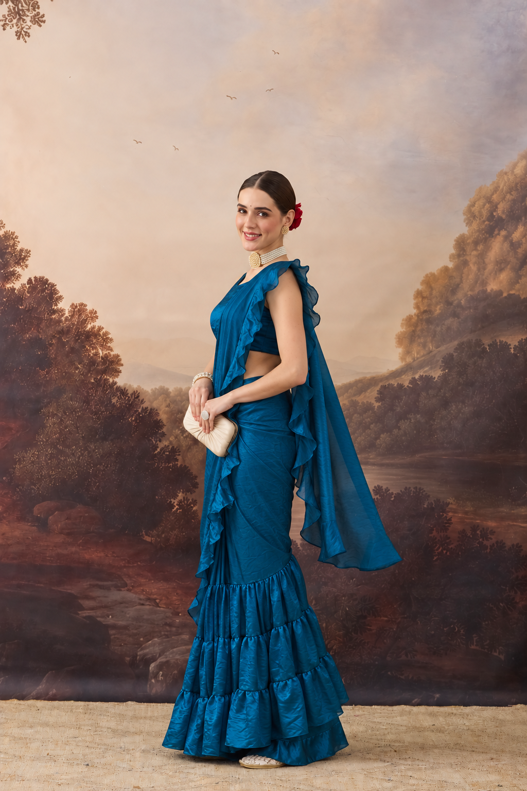 Teal Green Solid Organza Ready to Wear Saree