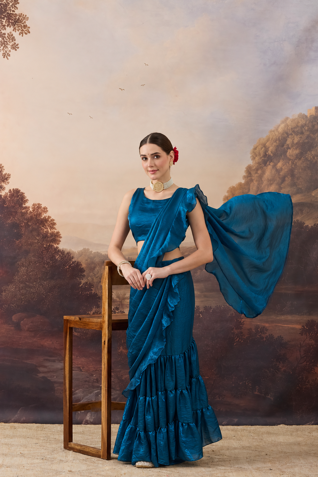 Teal Green Solid Organza Ready to Wear Saree