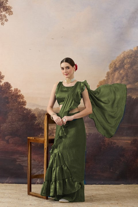Olive Green Solid Organza Ready to Wear Saree