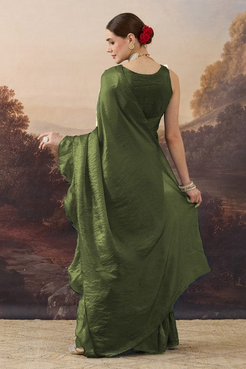 Olive Green Solid Organza Ready to Wear Saree