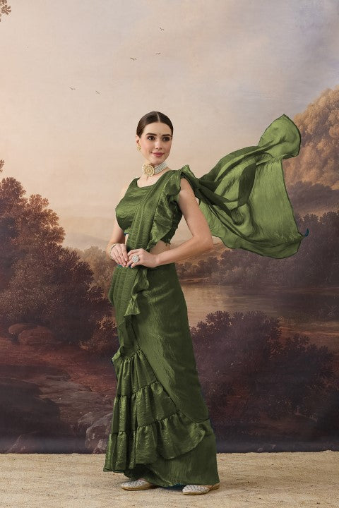 Olive Green Solid Organza Ready to Wear Saree